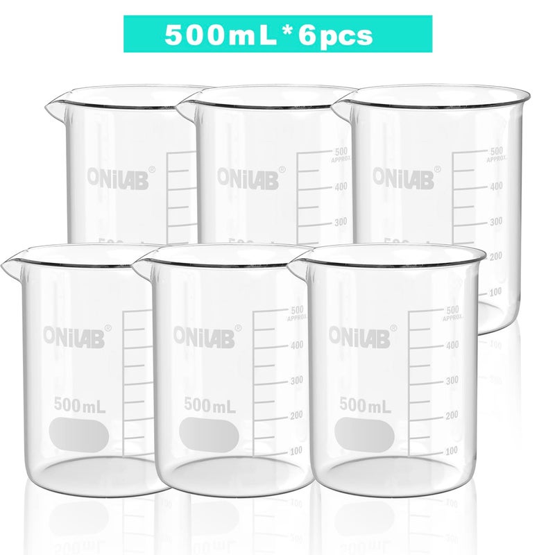ONiLAB 17oz(500ml) Sturdy Glass Beaker, 3.3 Borosilicate Griffin Low Form with Printed Graduation, Pack of 6 13900249 - Image 2